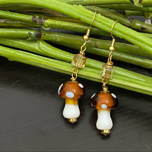Handmade Mushroom Lampwork Beads Drop Earrings - Picture 1 of 8